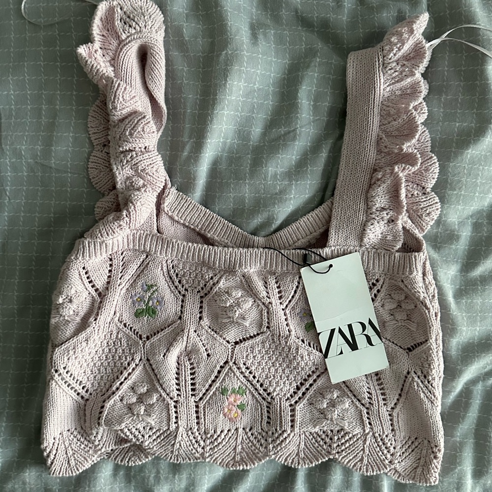 Zara Pink Knit Top with Floral Embroidery